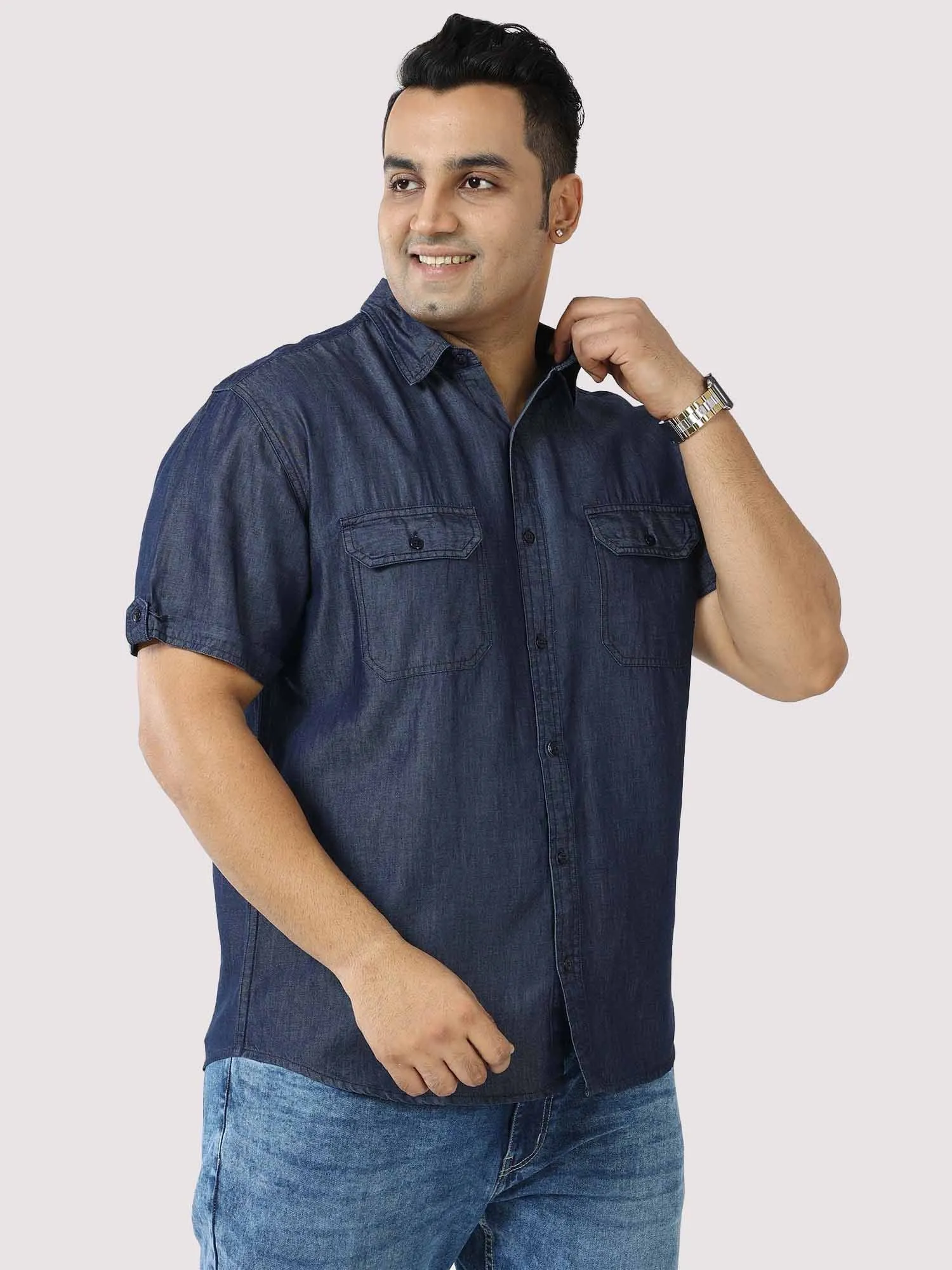 Indigo Denim Double Pocket Half Sleeve Shirt Men's Plus Size
