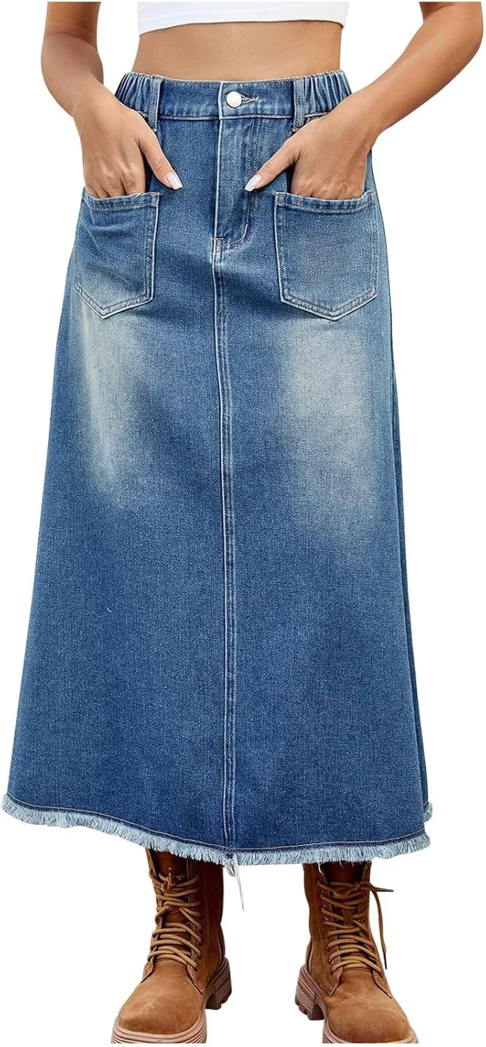 Jean Skirt Casual High Waisted Slit Long Denim Skirts Frayed Hem A-Line Maxi Skirt Work Midi Skirts with Pockets