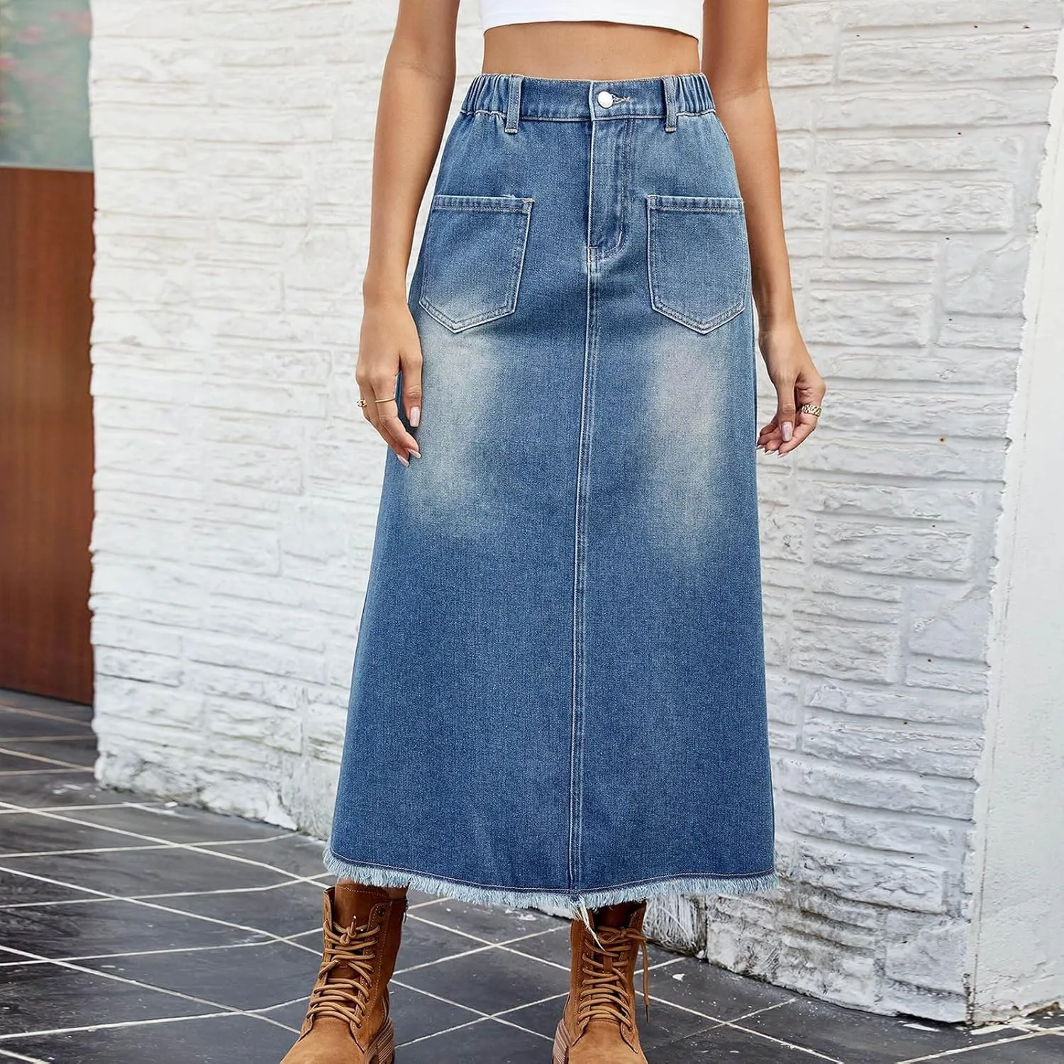 Jean Skirt Casual High Waisted Slit Long Denim Skirts Frayed Hem A-Line Maxi Skirt Work Midi Skirts with Pockets