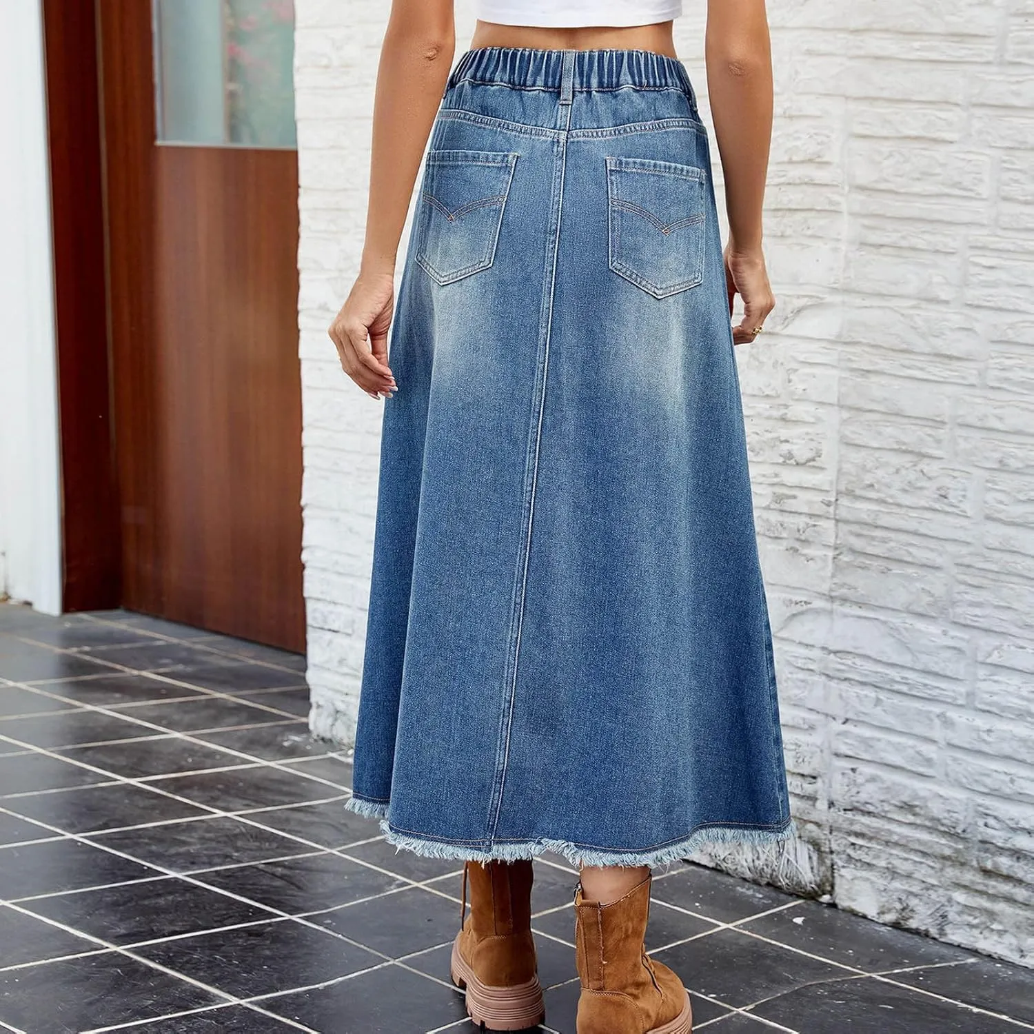 Jean Skirt Casual High Waisted Slit Long Denim Skirts Frayed Hem A-Line Maxi Skirt Work Midi Skirts with Pockets