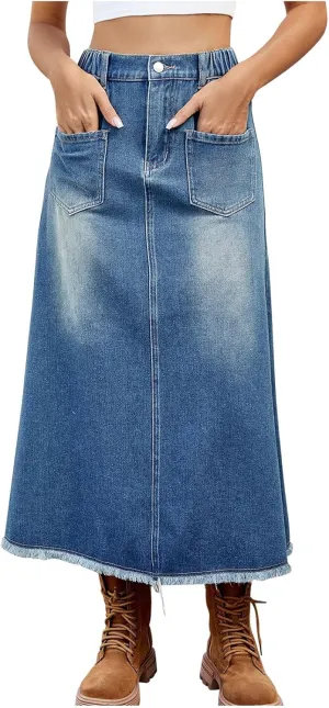 Jean Skirt Casual High Waisted Slit Long Denim Skirts Frayed Hem A-Line Maxi Skirt Work Midi Skirts with Pockets