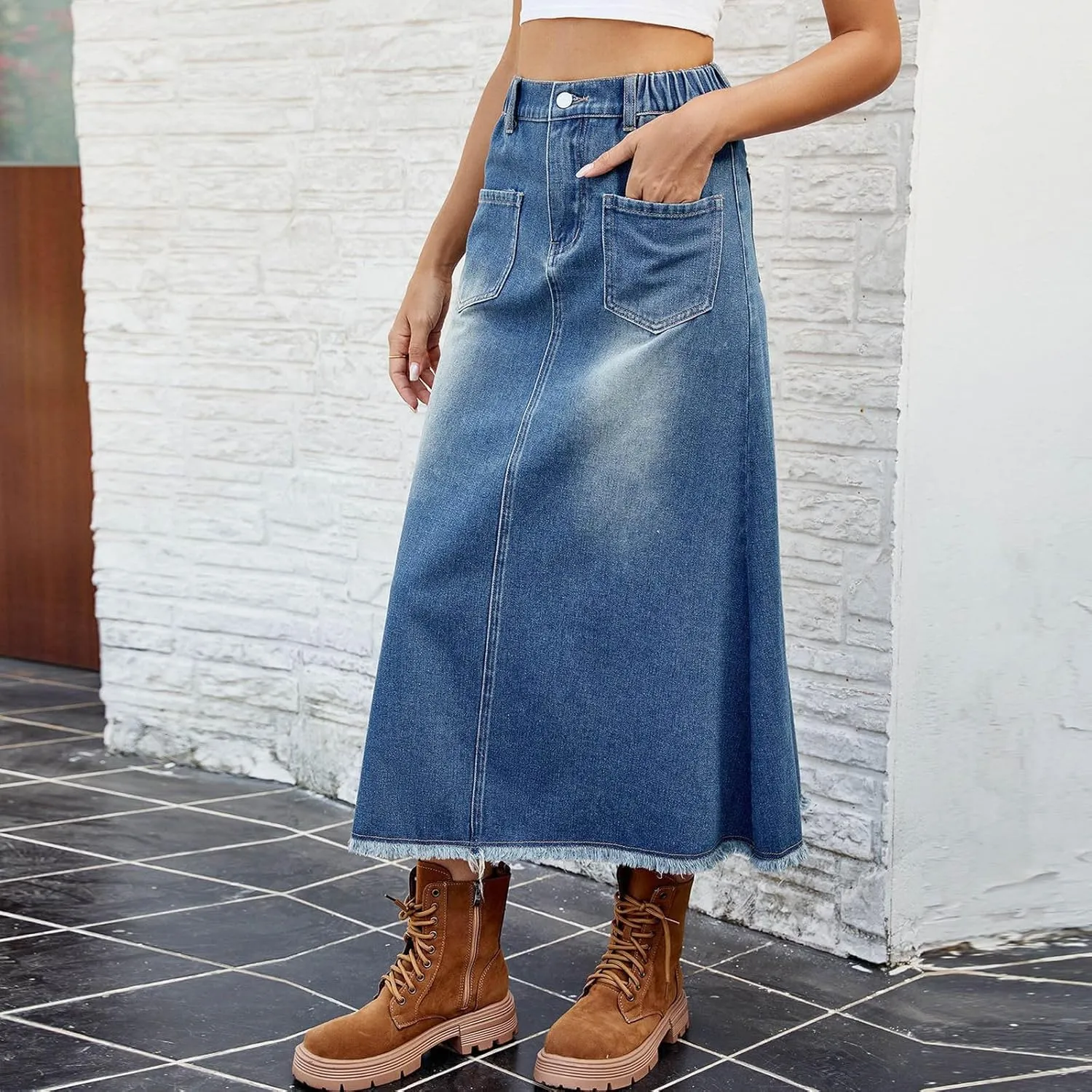 Jean Skirt Casual High Waisted Slit Long Denim Skirts Frayed Hem A-Line Maxi Skirt Work Midi Skirts with Pockets