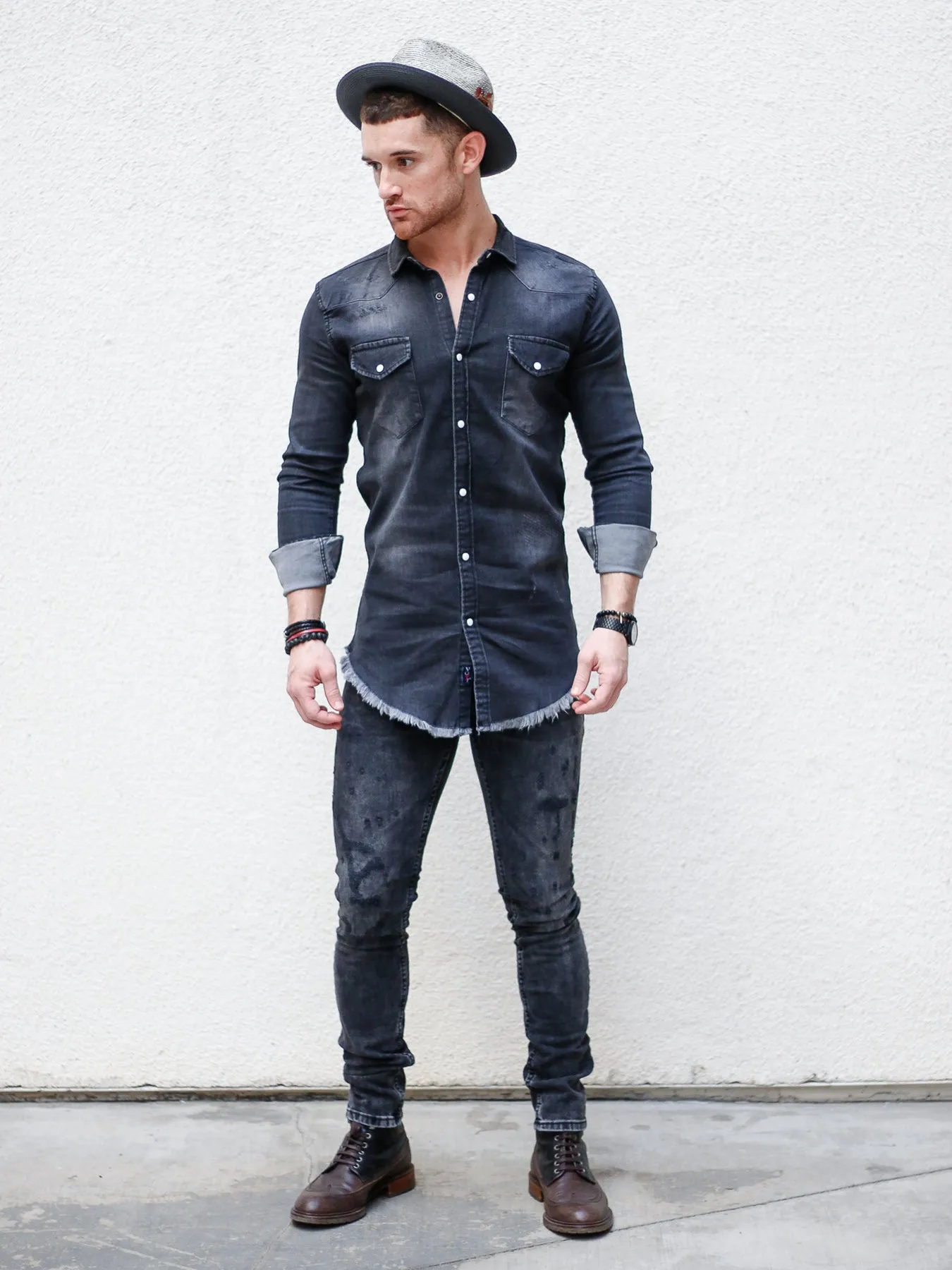 [Johnny] Charcoal Distressed Long Sleeve Shirt