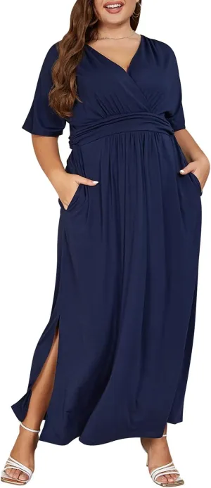Keluummi Plus Size Wedding Guest Maxi Dress for Curvy Women, Summer Casual Floral Empire Waist 3/4 Sleeve Long Cocktail Dress