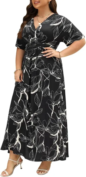 Keluummi Plus Size Wedding Guest Maxi Dress for Curvy Women, Summer Casual Floral Empire Waist 3/4 Sleeve Long Cocktail Dress