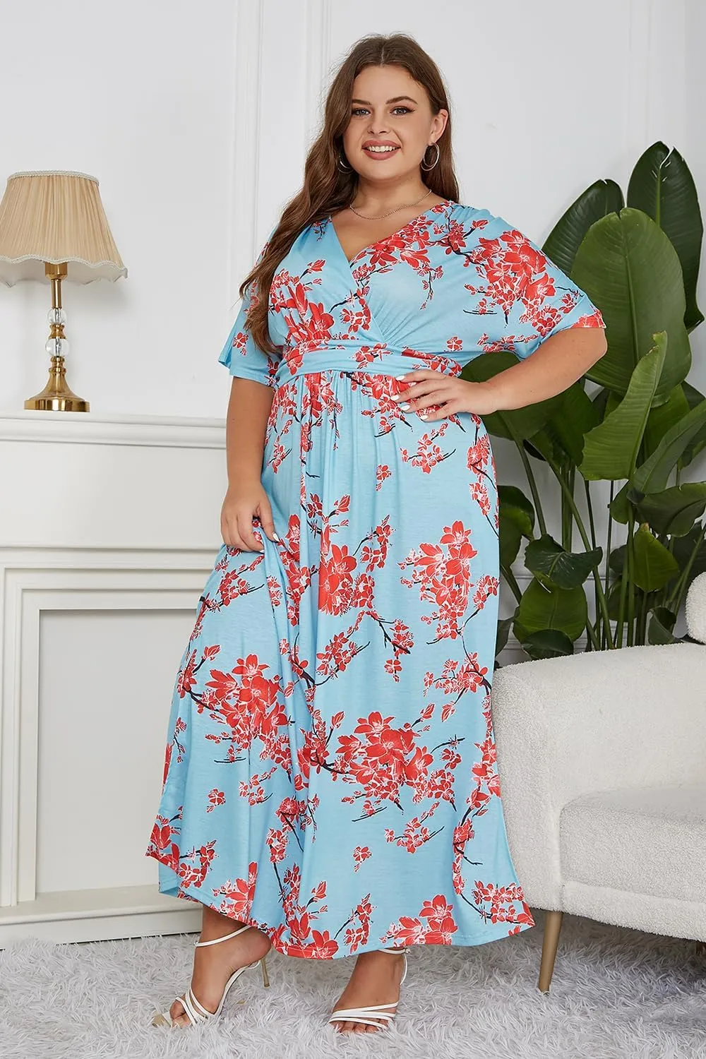 Keluummi Plus Size Wedding Guest Maxi Dress for Curvy Women, Summer Casual Floral Empire Waist 3/4 Sleeve Long Cocktail Dress