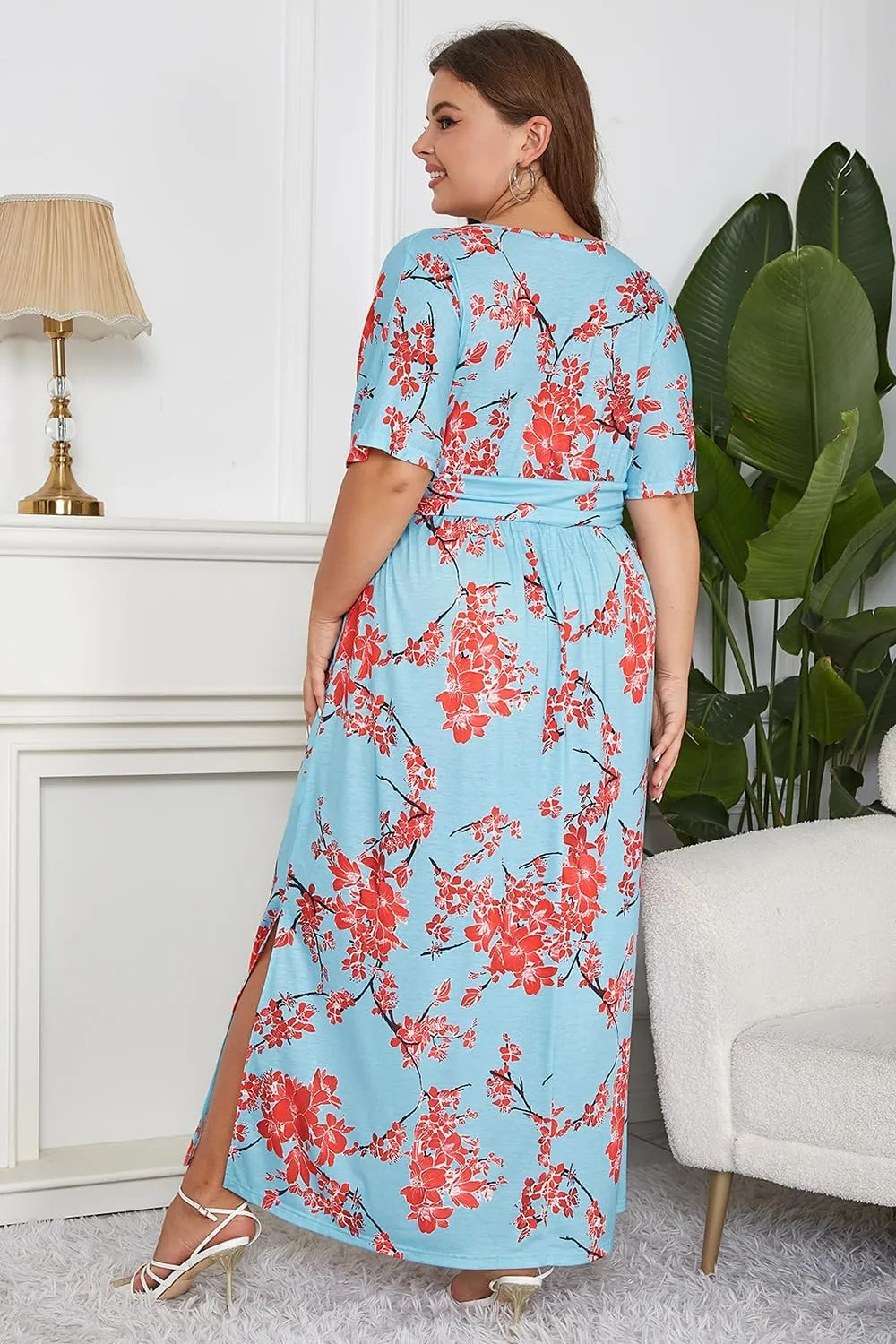 Keluummi Plus Size Wedding Guest Maxi Dress for Curvy Women, Summer Casual Floral Empire Waist 3/4 Sleeve Long Cocktail Dress