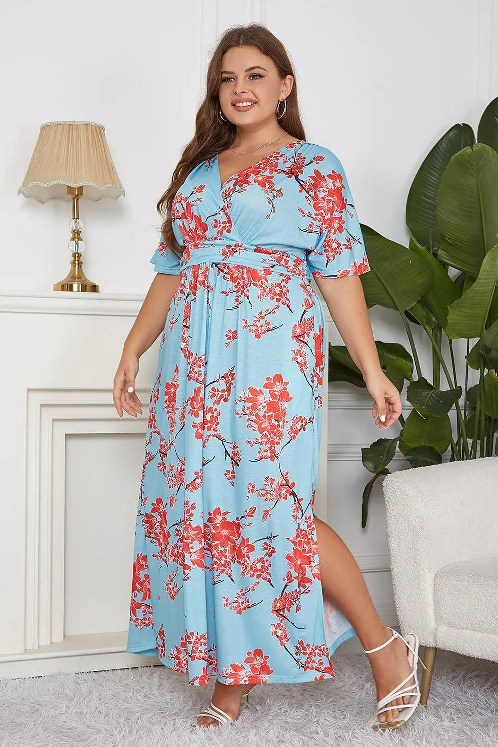 Keluummi Plus Size Wedding Guest Maxi Dress for Curvy Women, Summer Casual Floral Empire Waist 3/4 Sleeve Long Cocktail Dress