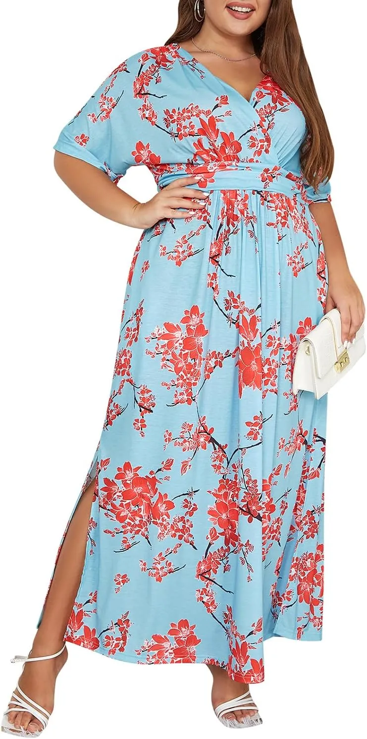 Keluummi Plus Size Wedding Guest Maxi Dress for Curvy Women, Summer Casual Floral Empire Waist 3/4 Sleeve Long Cocktail Dress