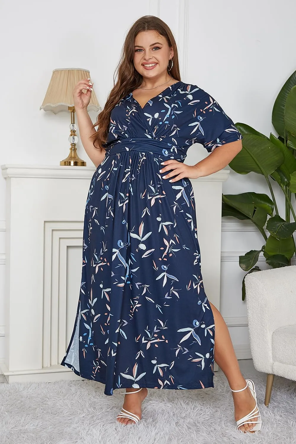 Keluummi Plus Size Wedding Guest Maxi Dress for Curvy Women, Summer Casual Floral Empire Waist 3/4 Sleeve Long Cocktail Dress