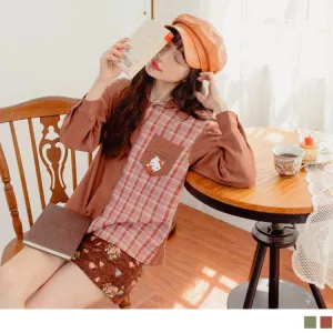 KITTY PRINTED CORDUROY CHECKED PATCHED LONG SLEEVE TOPS