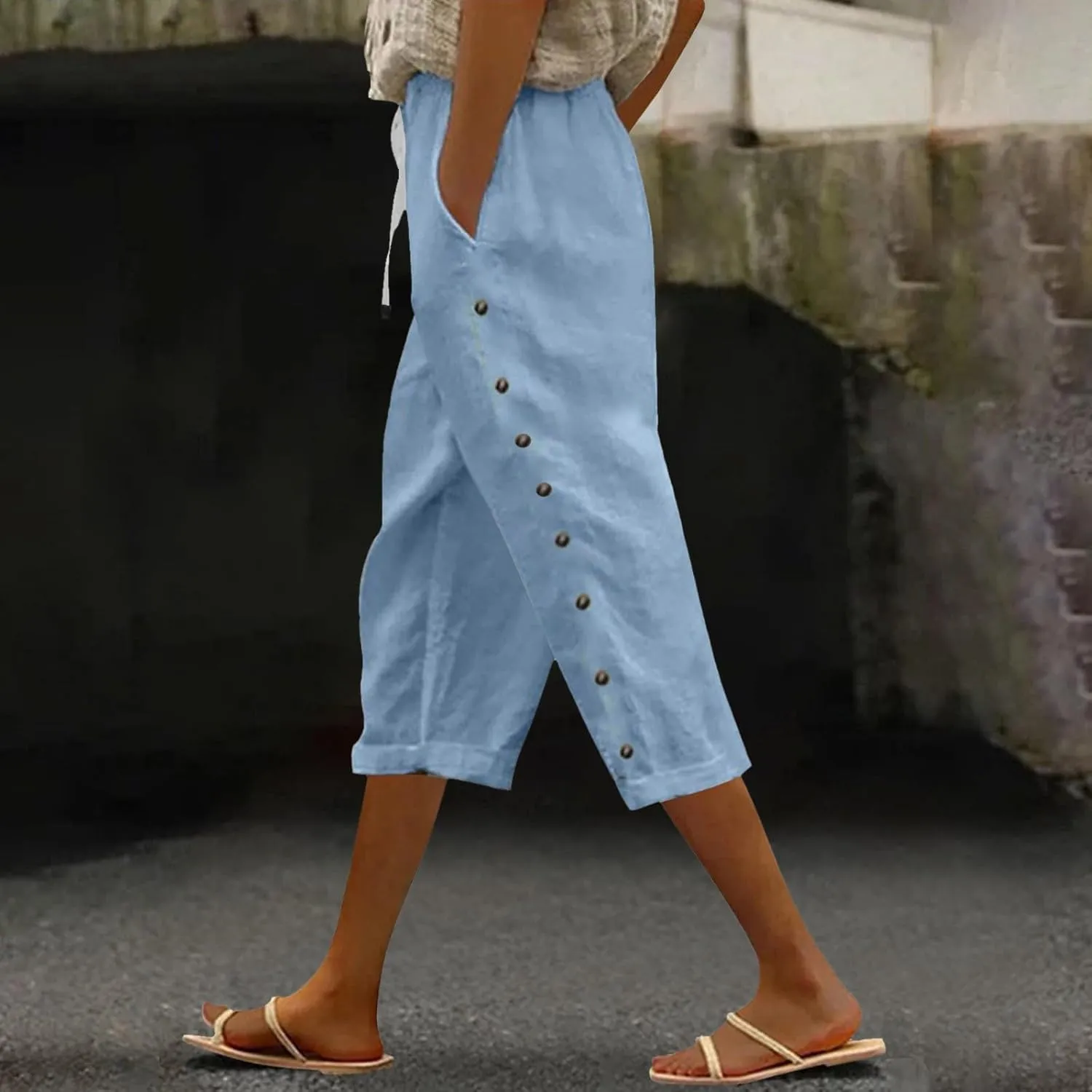 Lastesso Capri Pants for Women Basic Solid Summer Boho Lounge Trousers with Pocket Loose Comfy Drawstring Vacation Outfits