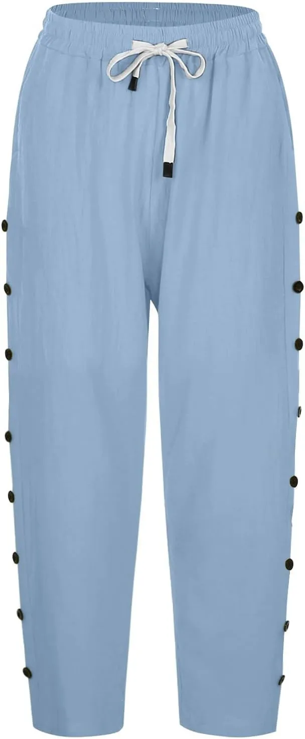 Lastesso Capri Pants for Women Basic Solid Summer Boho Lounge Trousers with Pocket Loose Comfy Drawstring Vacation Outfits
