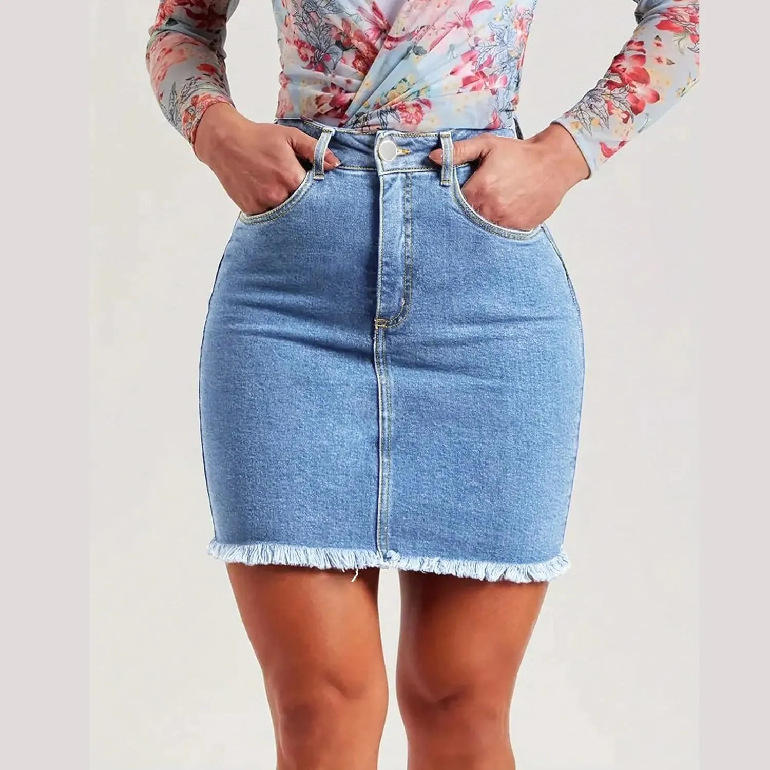 lcyhony Womens Jean Skirt Y2k High Waisted Tummy Control Pencil Mini Skirts Summer Boyfriend Frayed Denim Skirt with Pockets