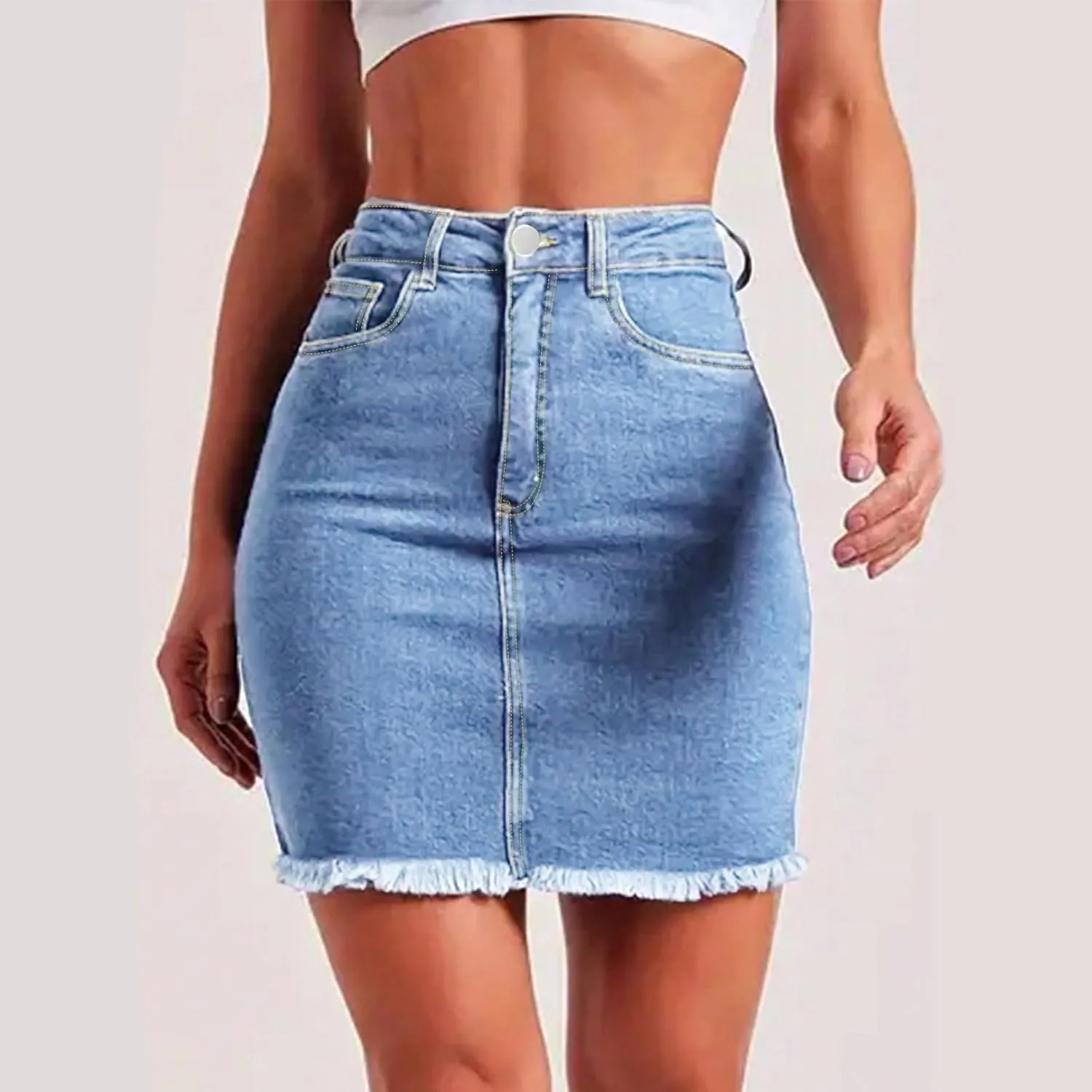 lcyhony Womens Jean Skirt Y2k High Waisted Tummy Control Pencil Mini Skirts Summer Boyfriend Frayed Denim Skirt with Pockets