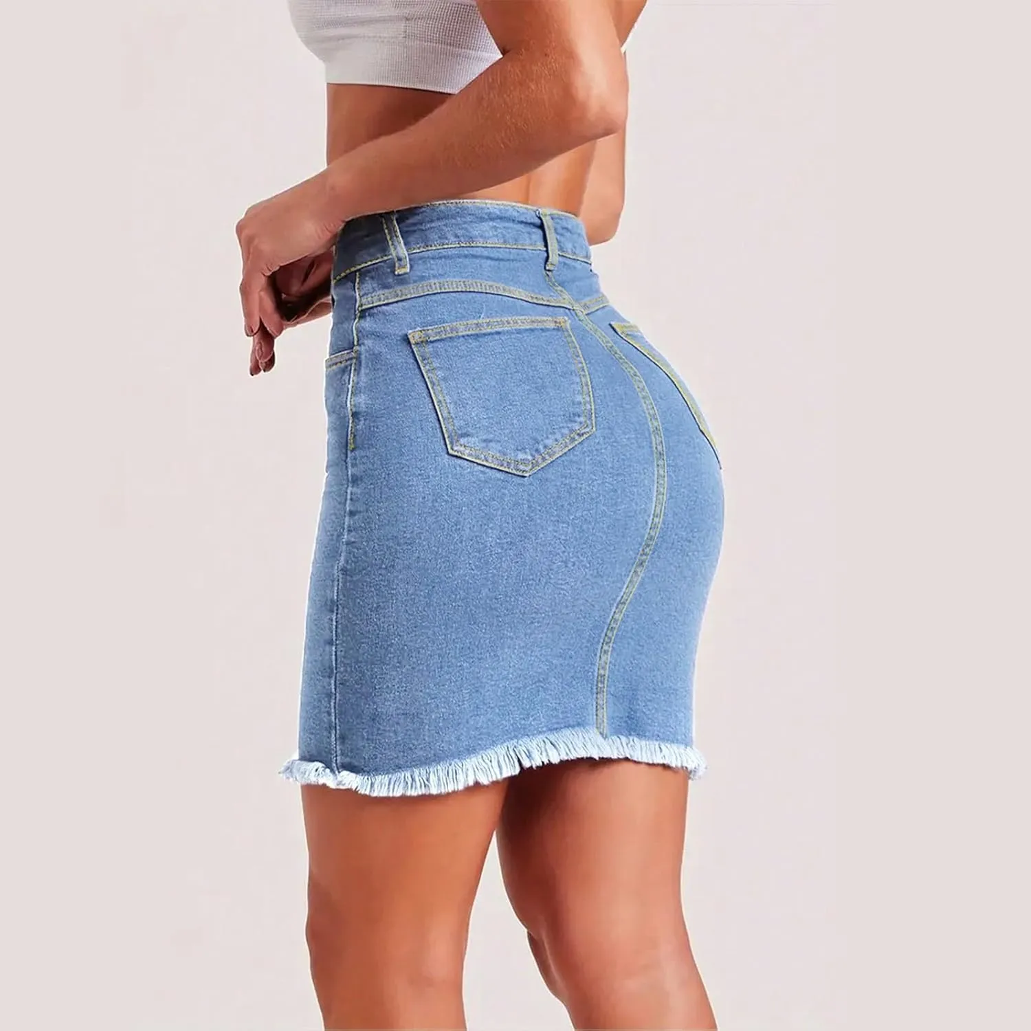 lcyhony Womens Jean Skirt Y2k High Waisted Tummy Control Pencil Mini Skirts Summer Boyfriend Frayed Denim Skirt with Pockets