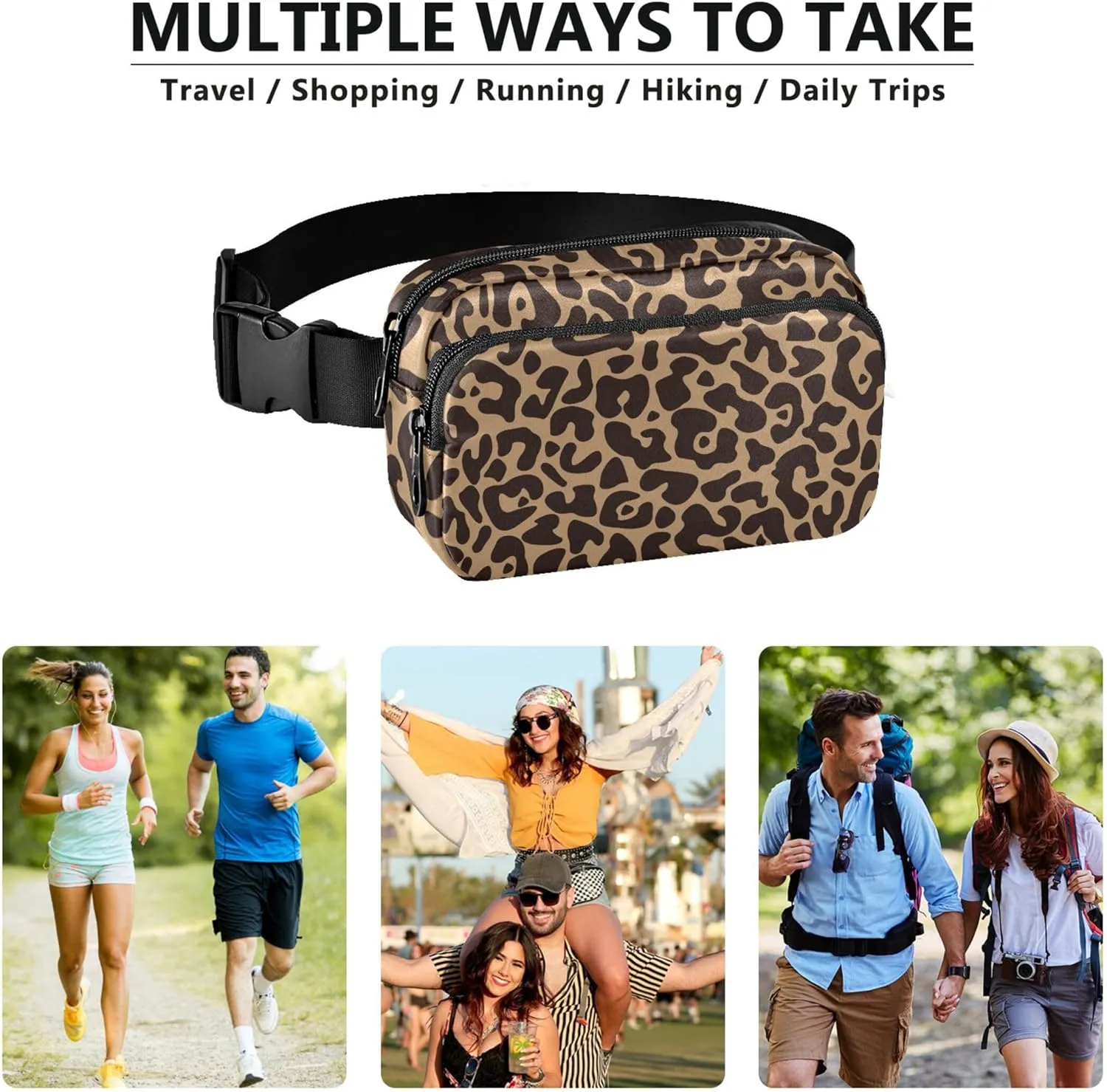 Leopard Brown Fanny Packs for Women Waterproof Hip Bag Belt Pouch Bright Color Travel Waist Pouch