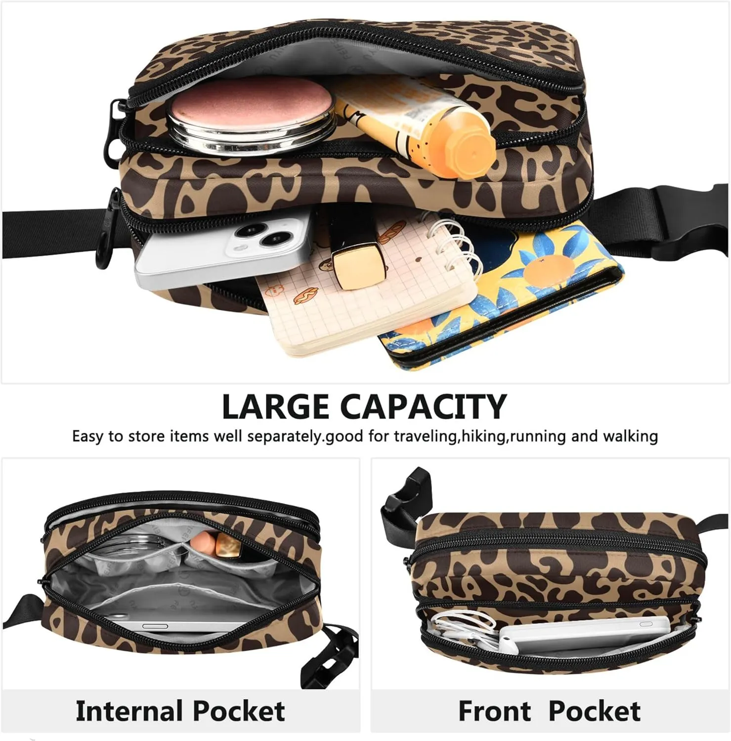 Leopard Brown Fanny Packs for Women Waterproof Hip Bag Belt Pouch Bright Color Travel Waist Pouch