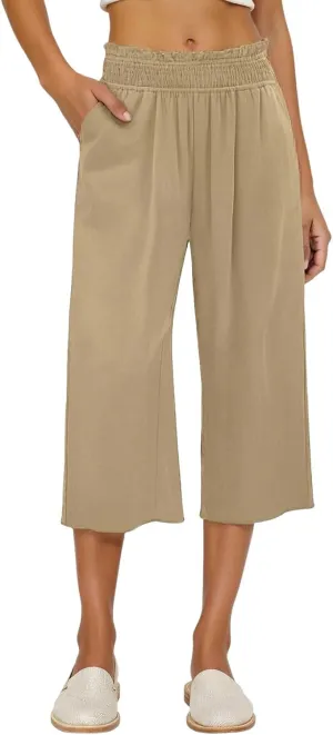 Linen Capri Pants for Women Summer Casual Elastic High Waist Cropped Pants Resort Wear Wide Leg Trousers with Pockets