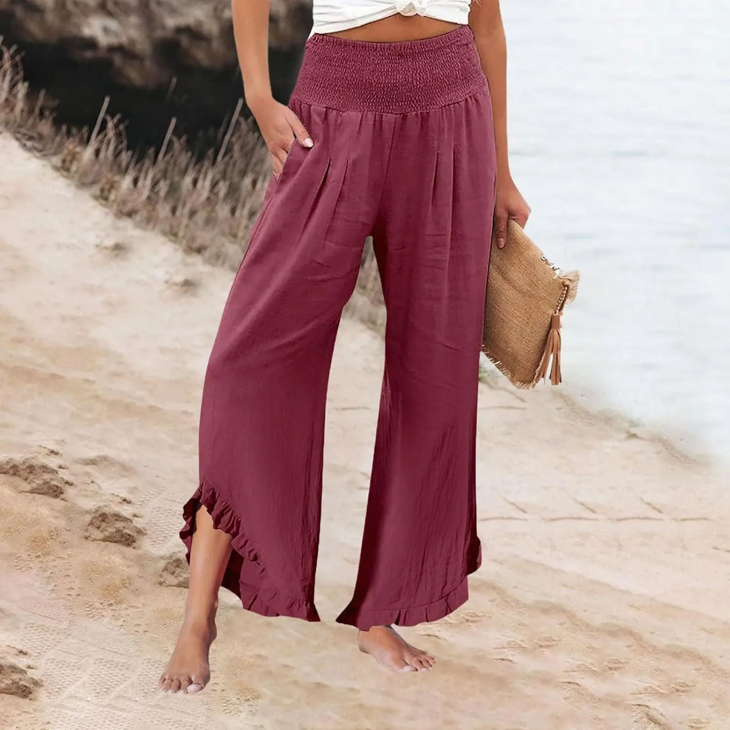 Linen Cotton Cargo Pants Slit Baggy Waist,Women's Sweatpants Casual, High Waisted Straight Leg Work