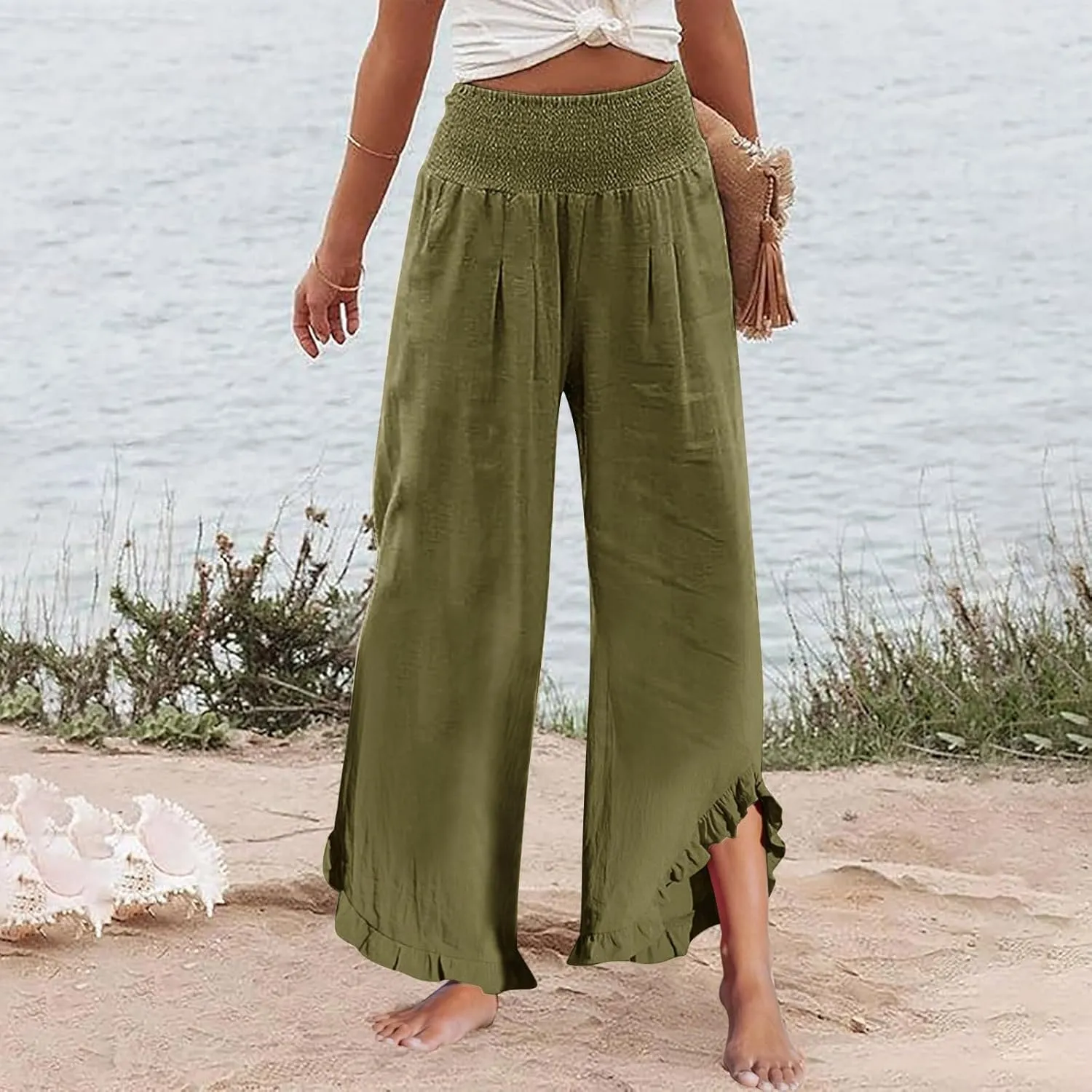Linen Cotton Cargo Pants Slit Baggy Waist,Women's Sweatpants Casual, High Waisted Straight Leg Work