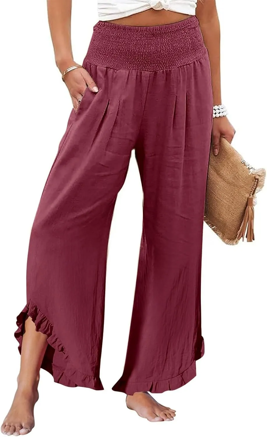 Linen Cotton Cargo Pants Slit Baggy Waist,Women's Sweatpants Casual, High Waisted Straight Leg Work