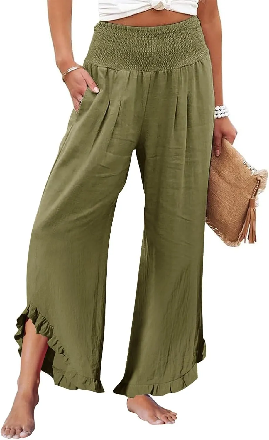 Linen Cotton Cargo Pants Slit Baggy Waist,Women's Sweatpants Casual, High Waisted Straight Leg Work
