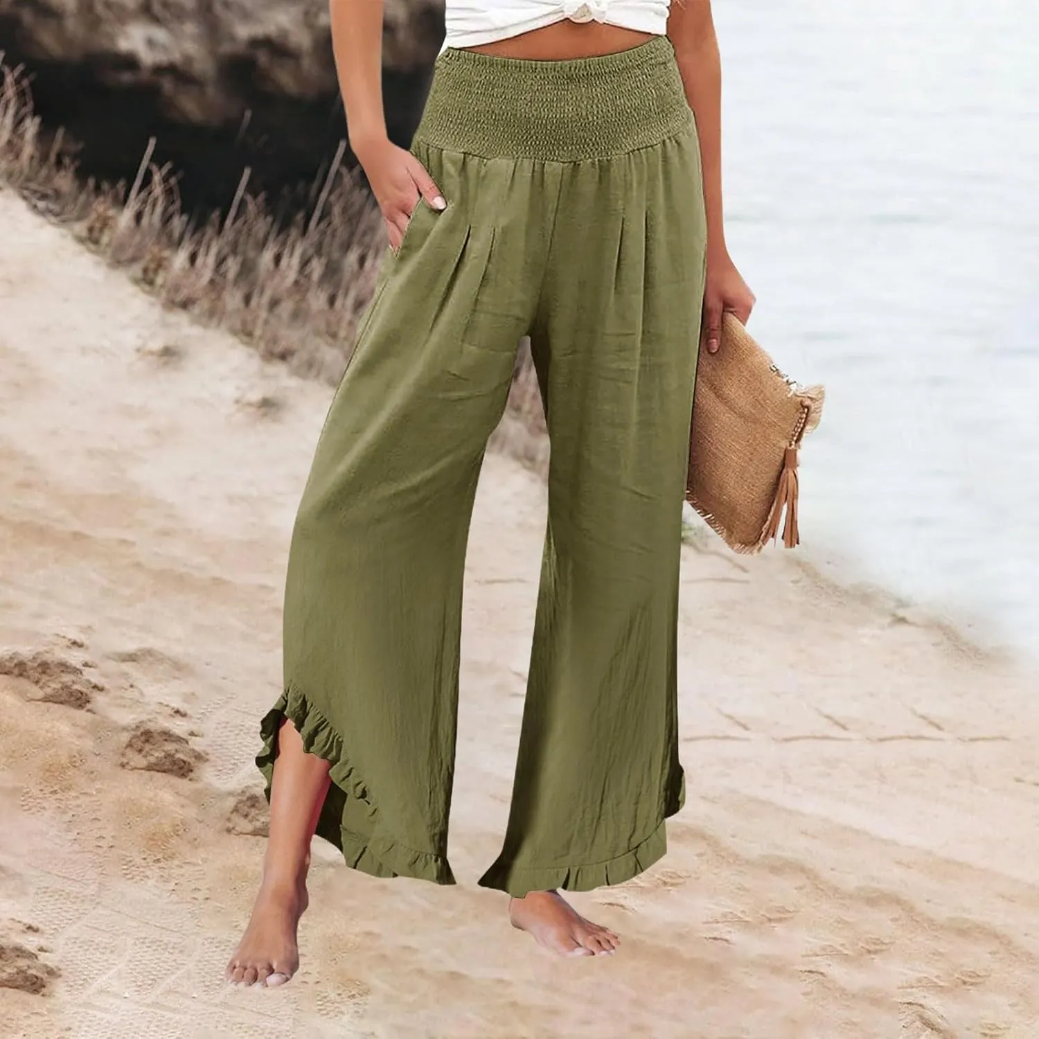 Linen Cotton Cargo Pants Slit Baggy Waist,Women's Sweatpants Casual, High Waisted Straight Leg Work