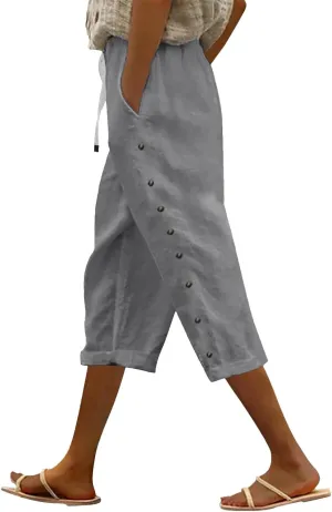 Linen Crop Pants for Women Elastic Waistband High Waistband Pocket Pants Side Nine Point Loose Casual