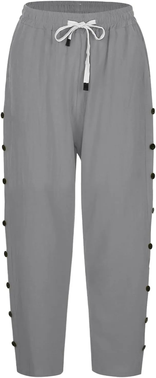Linen Crop Pants for Women Elastic Waistband High Waistband Pocket Pants Side Nine Point Loose Casual