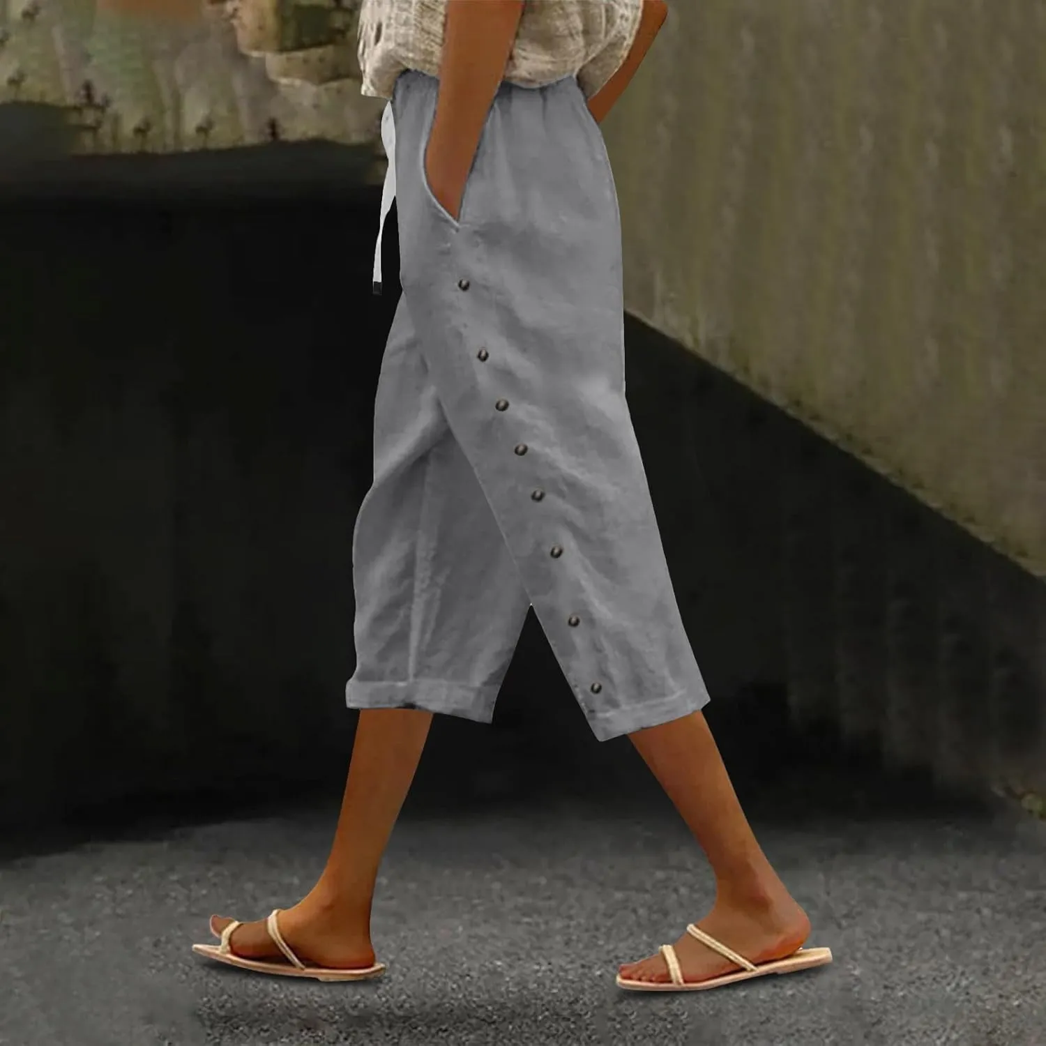 Linen Crop Pants for Women Elastic Waistband High Waistband Pocket Pants Side Nine Point Loose Casual