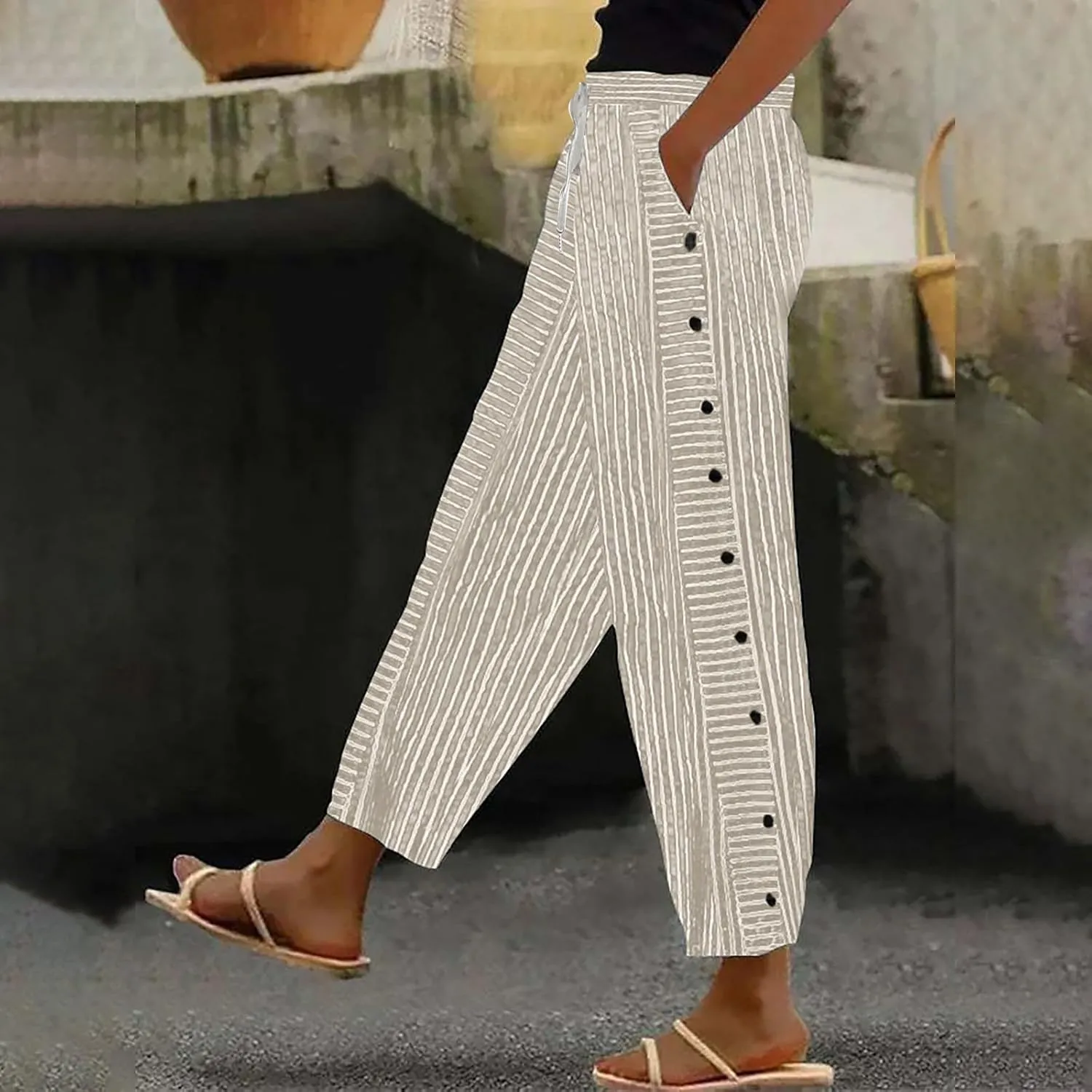 Linen Crop Pants for Women Elastic Waistband High Waistband Pocket Pants Side Nine Point Loose Casual