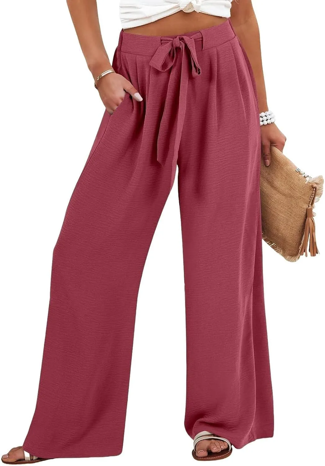 Linen Palazzo Pants for Women Dressey Casual 2025 Vacation Flowy Summer Beach Pants Trendy Tie Knot Wide Leg Trousers