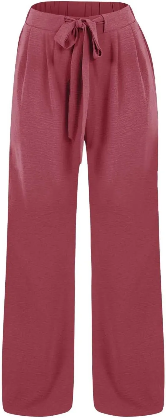 Linen Palazzo Pants for Women Dressey Casual 2025 Vacation Flowy Summer Beach Pants Trendy Tie Knot Wide Leg Trousers