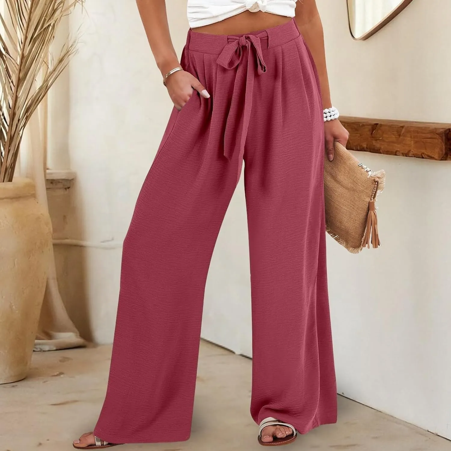Linen Palazzo Pants for Women Dressey Casual 2025 Vacation Flowy Summer Beach Pants Trendy Tie Knot Wide Leg Trousers
