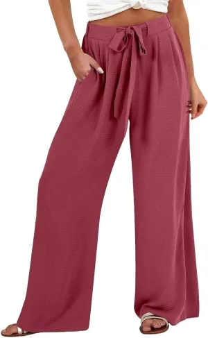 Linen Palazzo Pants for Women Dressey Casual 2025 Vacation Flowy Summer Beach Pants Trendy Tie Knot Wide Leg Trousers