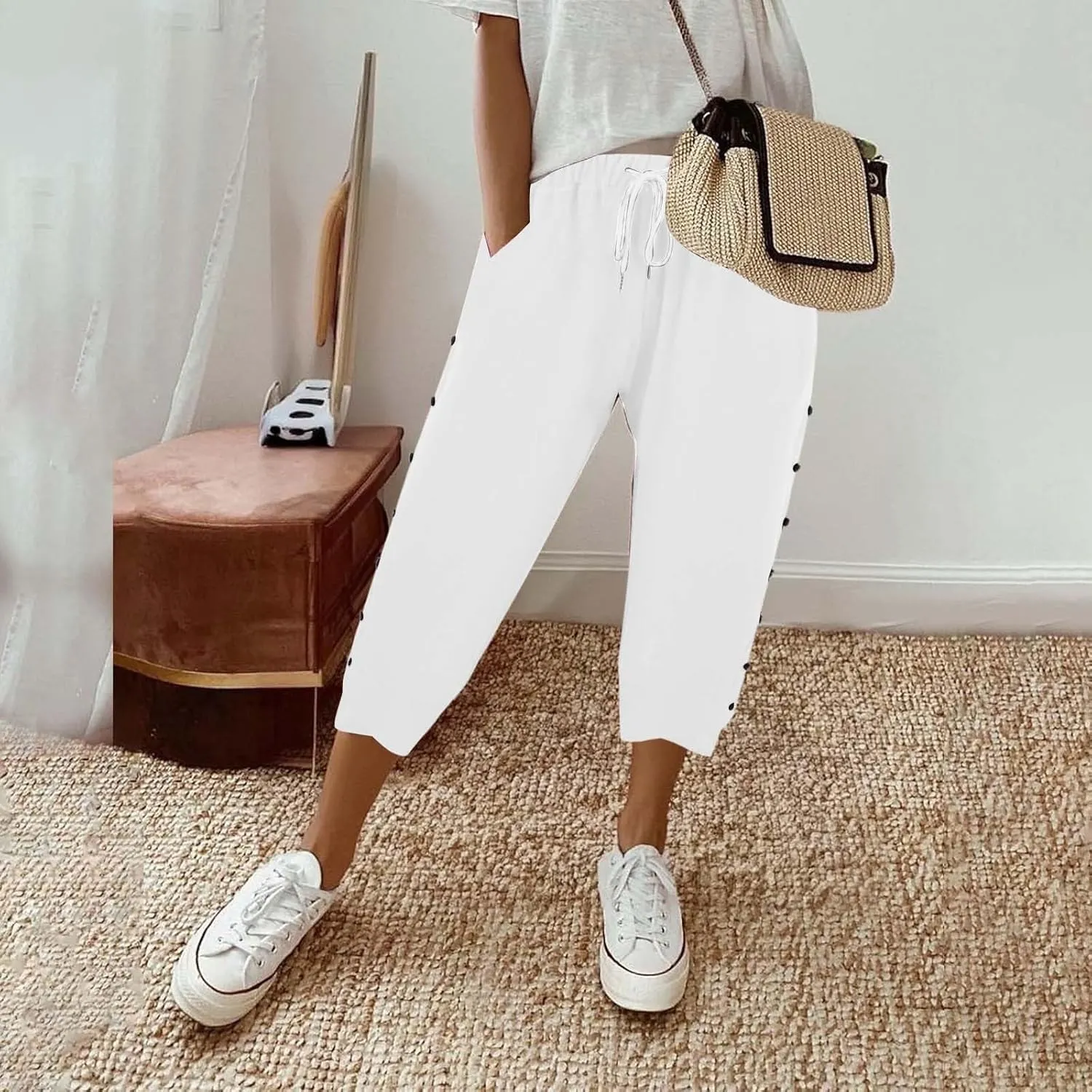Linen Pants for Women 2025 Summer High Waist Elastic Straight Leg Lounge Pant Casual Loose Buttons Beach Trousers