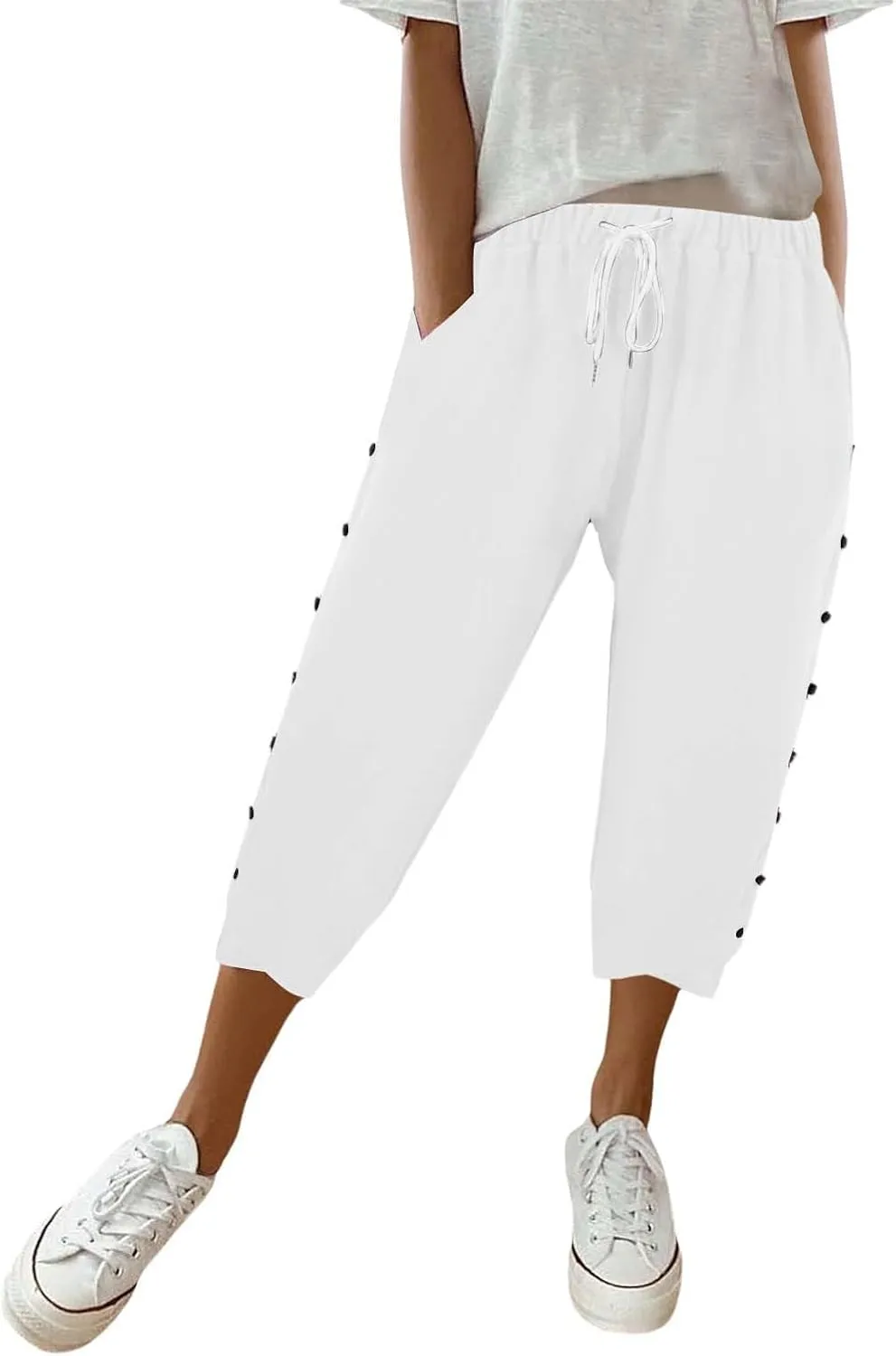 Linen Pants for Women 2025 Summer High Waist Elastic Straight Leg Lounge Pant Casual Loose Buttons Beach Trousers