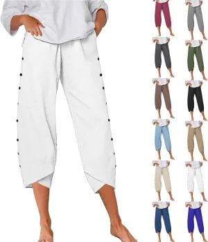 Linen Pants for Women 2025 Summer High Waist Elastic Straight Leg Lounge Pant Casual Loose Buttons Beach Trousers