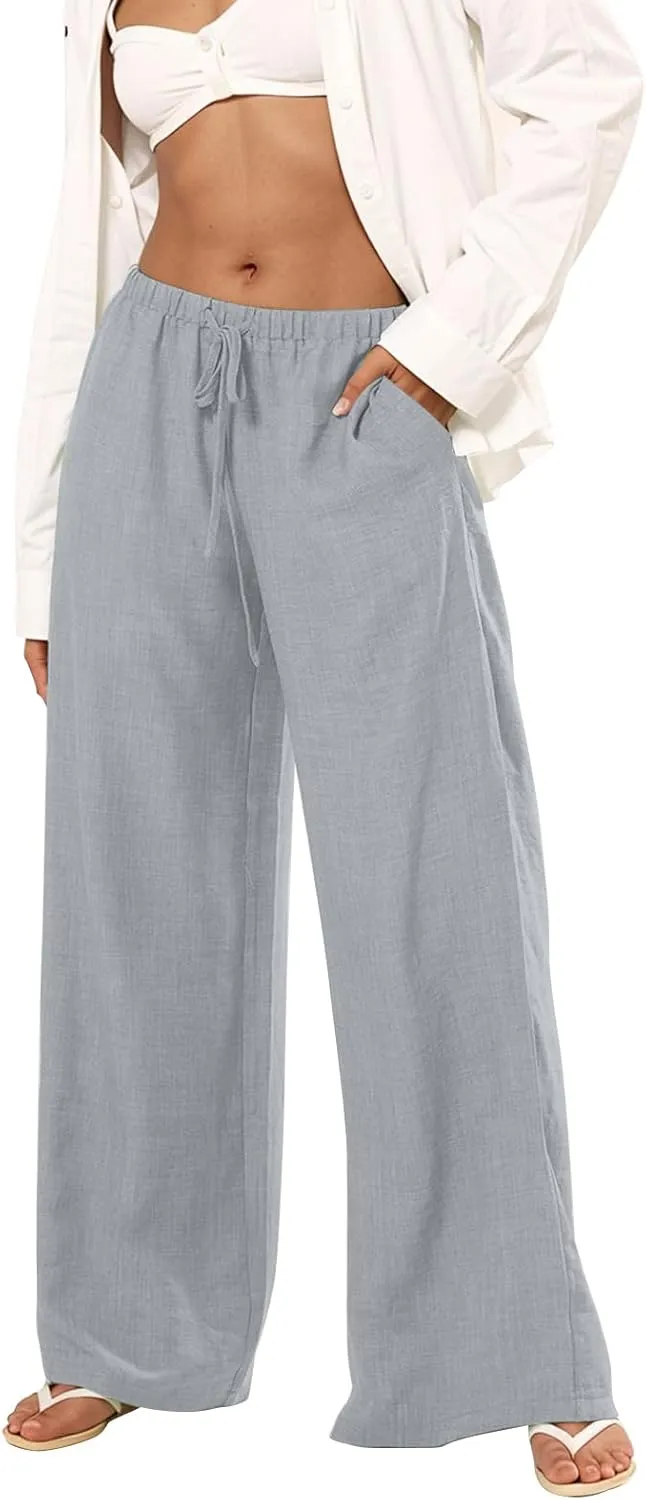 Linen Pants Women Summer Drawstring High Waisted Wide Leg Yoga Pants with Pockets Holiday Boho Beach Palazzo Pants