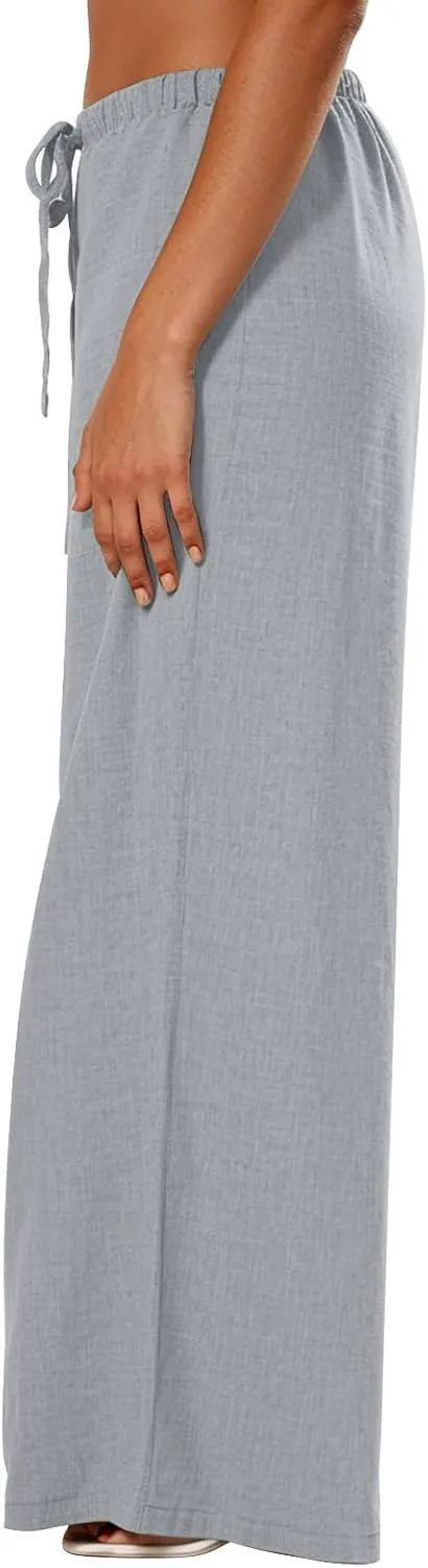 Linen Pants Women Summer Drawstring High Waisted Wide Leg Yoga Pants with Pockets Holiday Boho Beach Palazzo Pants