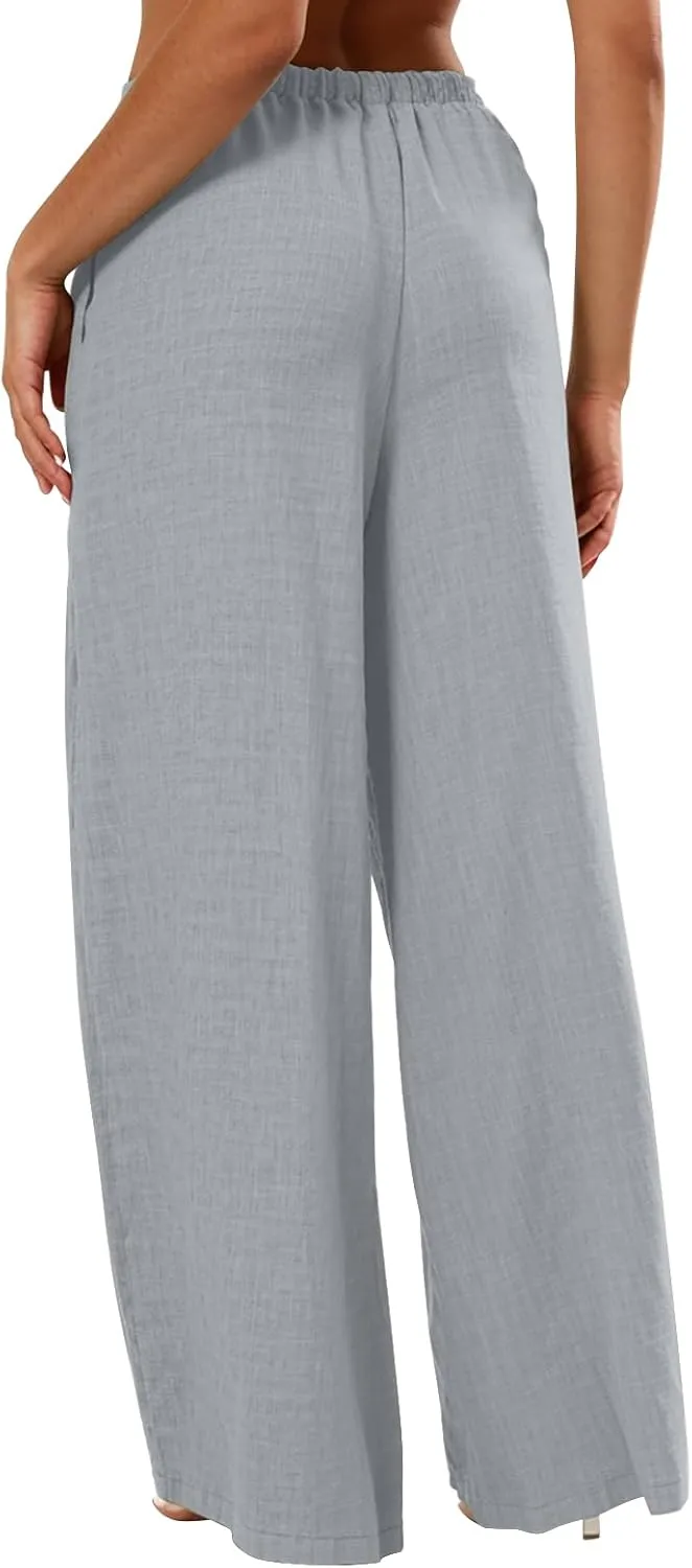 Linen Pants Women Summer Drawstring High Waisted Wide Leg Yoga Pants with Pockets Holiday Boho Beach Palazzo Pants