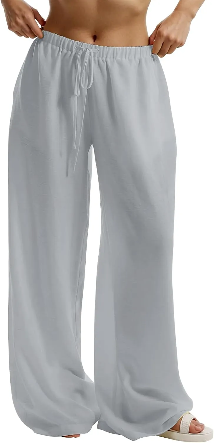 Linen Pants Women Summer Drawstring High Waisted Wide Leg Yoga Pants with Pockets Holiday Boho Beach Palazzo Pants