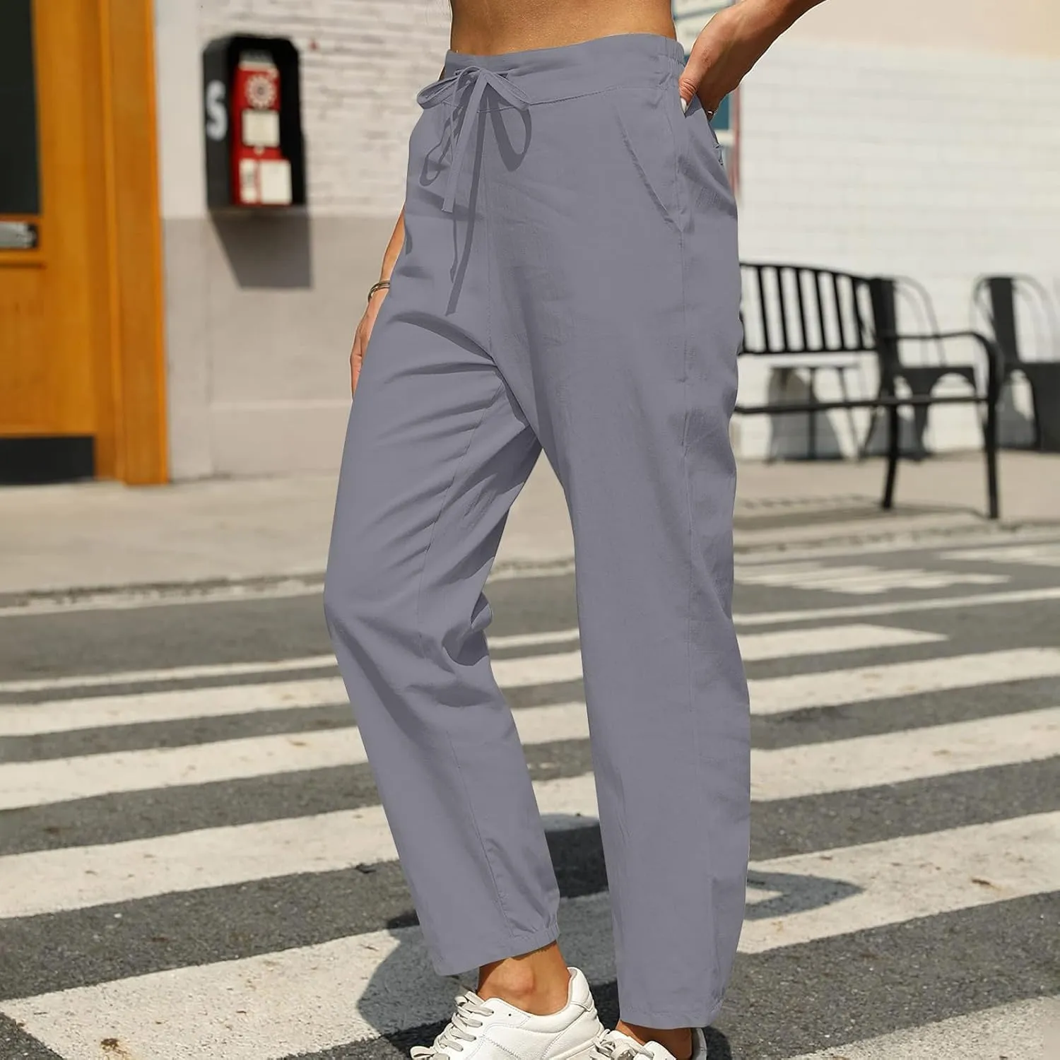 Linen Pants Women Summer Dressy Straight Wide Leg High Waisted Pants Casual Loose Plus Size Baggy Pants Trousers