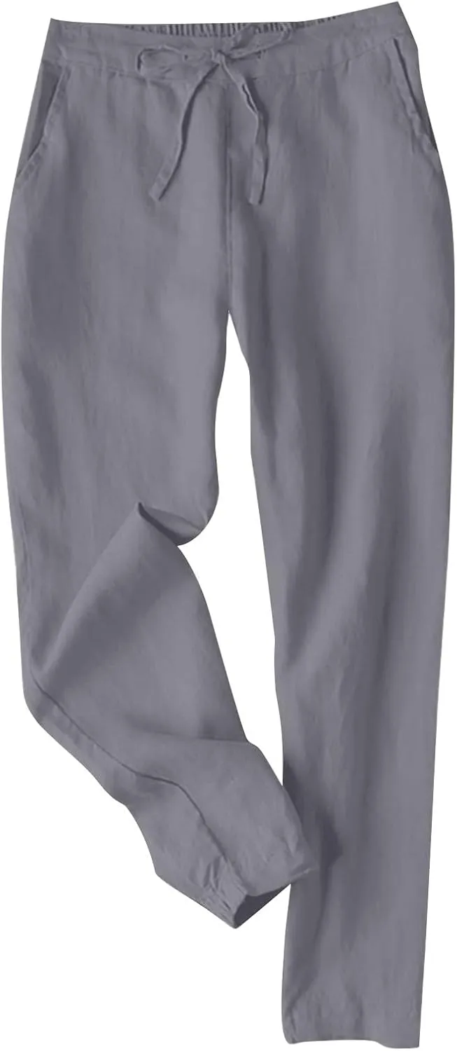Linen Pants Women Summer Dressy Straight Wide Leg High Waisted Pants Casual Loose Plus Size Baggy Pants Trousers