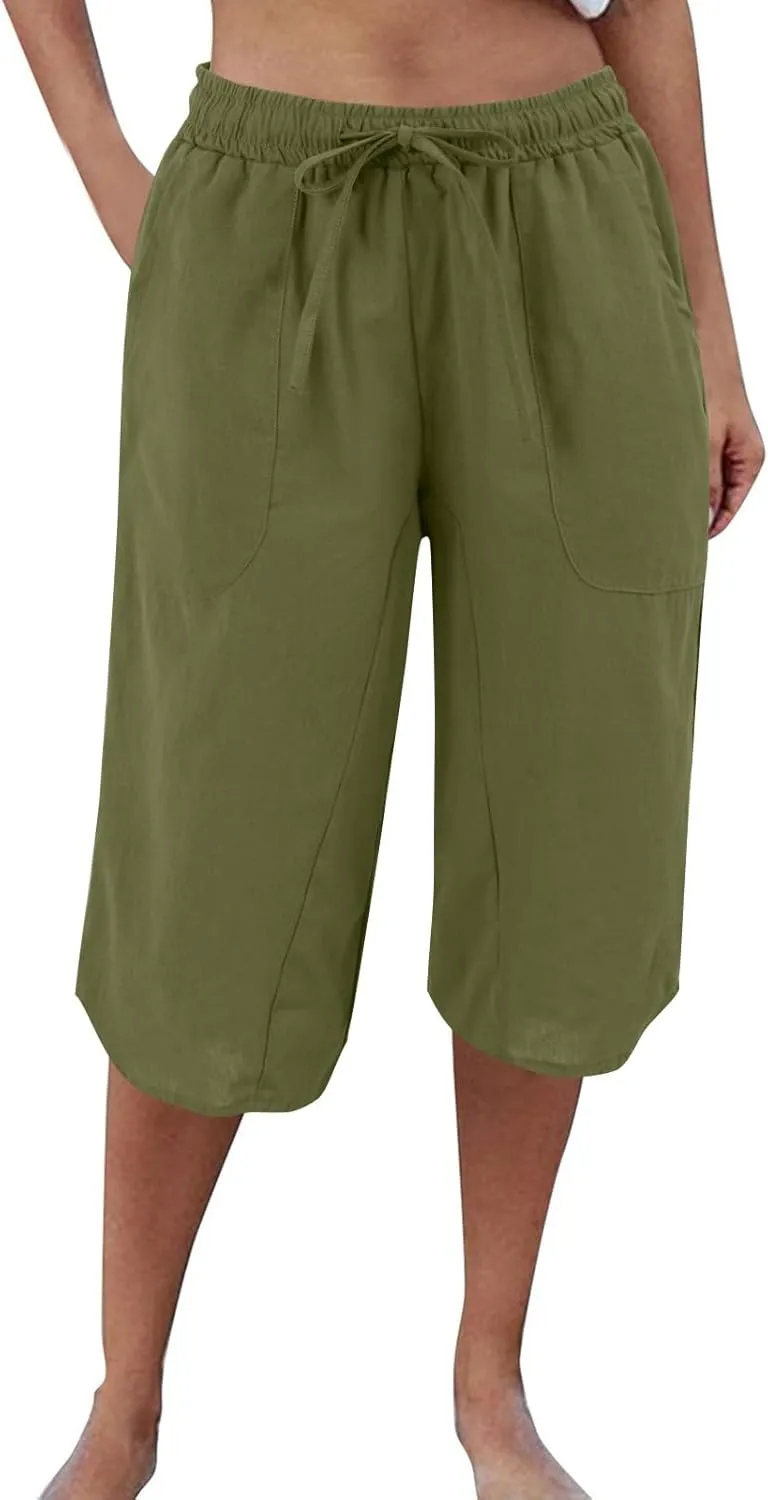 Linen Women's Shorts High Waisted Casual Wide Leg Drawstring Capri Pants with Pocket Knee Length