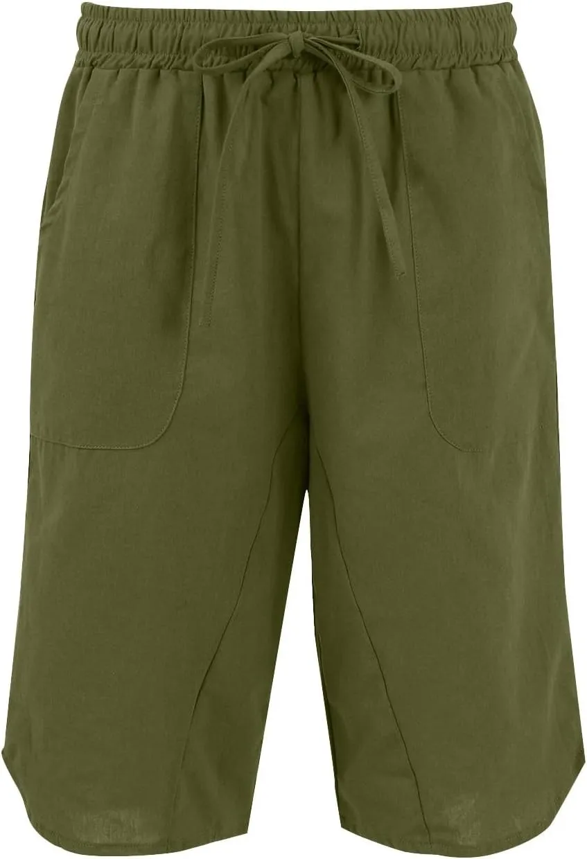 Linen Women's Shorts High Waisted Casual Wide Leg Drawstring Capri Pants with Pocket Knee Length