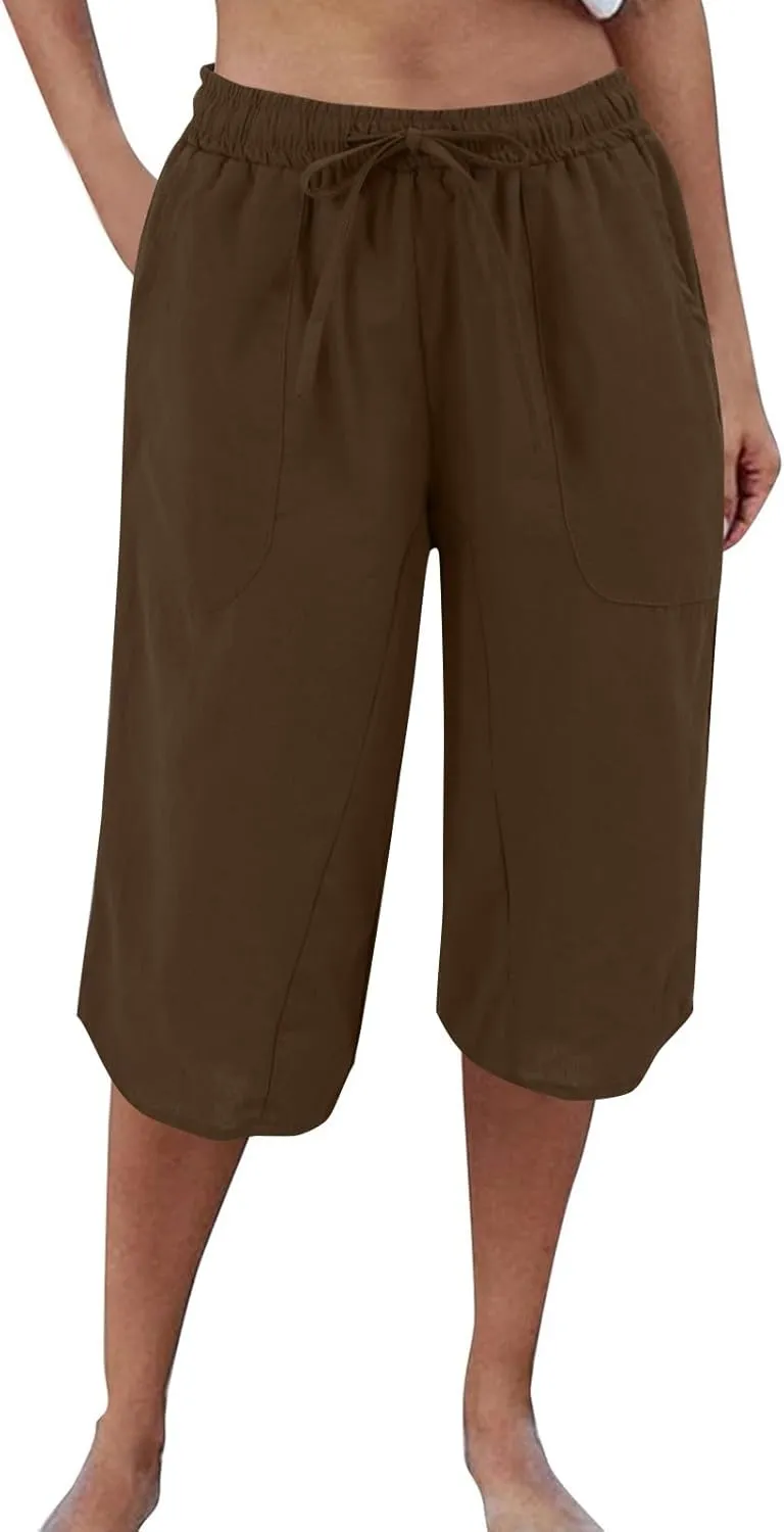 Linen Women's Shorts High Waisted Casual Wide Leg Drawstring Capri Pants with Pocket Knee Length