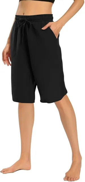 Linen Women's Shorts High Waisted Casual Wide Leg Drawstring Capri Pants with Pocket Knee Length