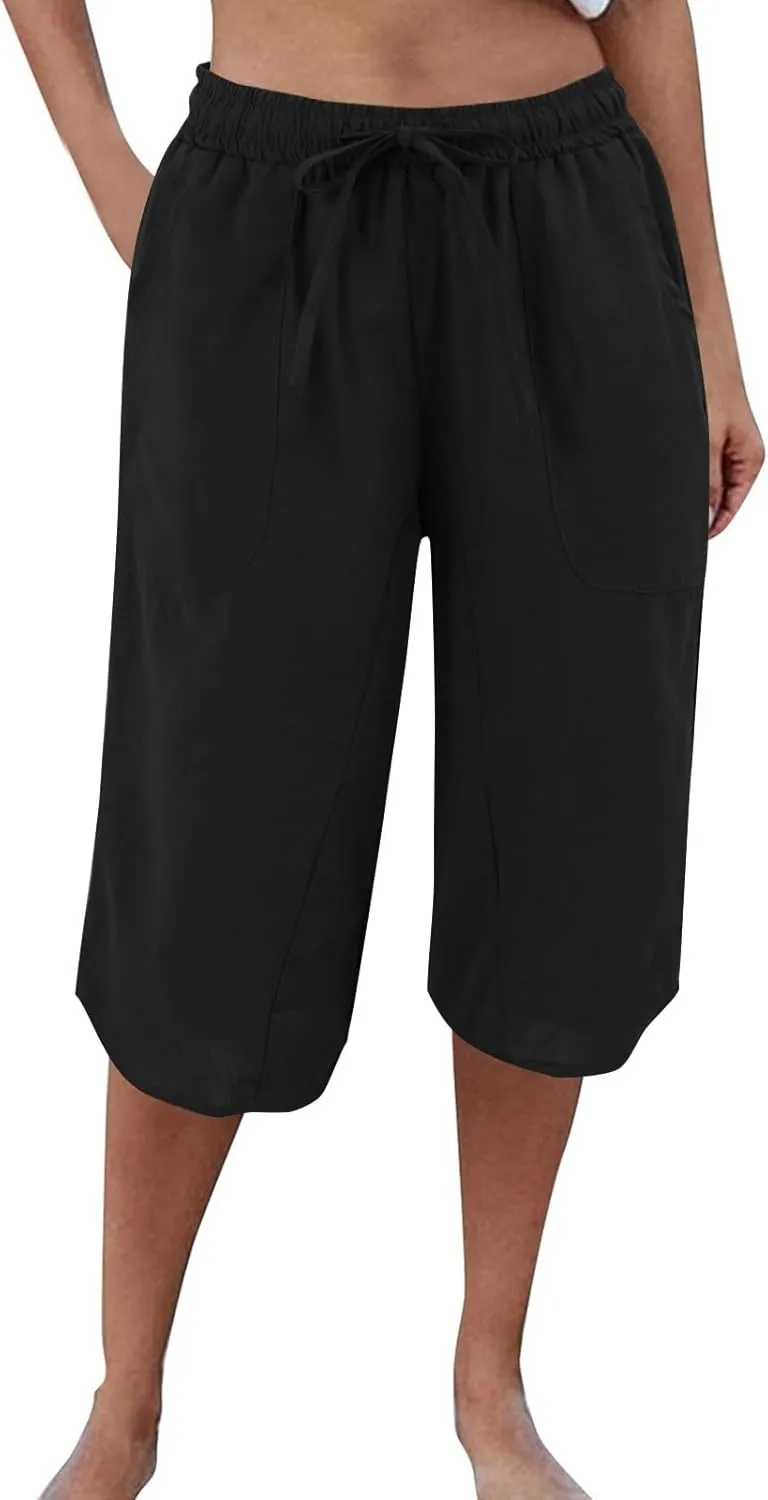 Linen Women's Shorts High Waisted Casual Wide Leg Drawstring Capri Pants with Pocket Knee Length